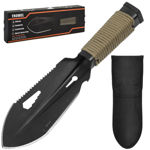 Ultralight Backpacking Trowel With Carrying Pouch A Versatile Camping Shovel And Garden Hand Tool For Hiking Digging And Metal Detecting Includes Saw Ruler Hex Wrench Nail Extractor And Paracord Multitool Survival Gear shown with packaging that highlights features and pouch for carrying the tool.