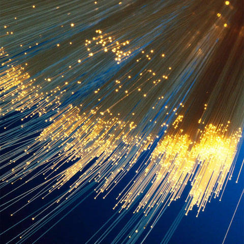 Next Level PMMA End Glow Fiber Optic Cable 100 Pack 0.02 Inch By 3 Meters Premium strands glowing against a blue background.