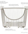 Front view of small stackable wire baskets for pantry and counter organizer with raised feet and handles in satin nickel finish