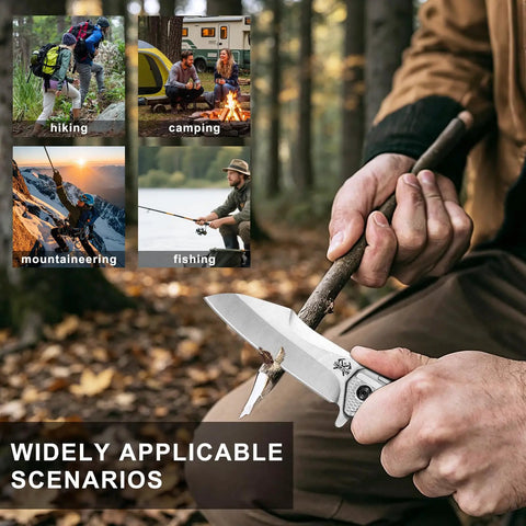 Person using EDC Pocket Knife With 3.5 Inch Flipper And Liner Lock 420C Stainless Steel Blade Lightweight Tactical Knife outdoors