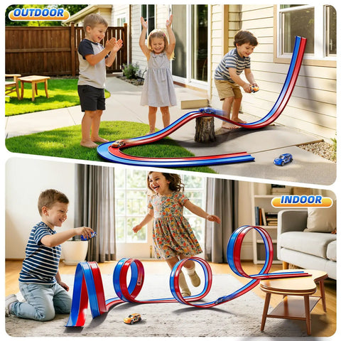 Kids playing with 15 Ft Flexible Race Track Set For Kids Ages 3 8 With 2 Small Cars Build Your Own Custom Indoor Outdoor Track Portable Car Ramp Track For Toddlers