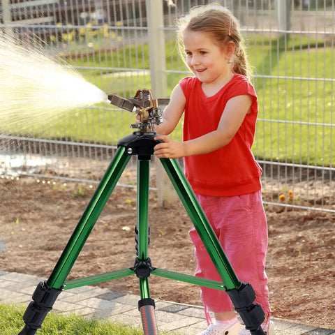 Child adjusting Beefy Impact Sprinkler Head On Tripod Base For Lawn Irrigation, Heavy Duty 360 Degree Coverage with Metal Nozzle, 2 Pack