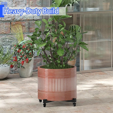 Expandable Heavy Duty Plant Caddy Wheel Base 21 To 30 Inch Rolling Dolly Stand Built Tough Steel Frame outdoors with plants.
