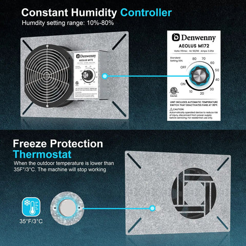 260CFM Crawl Space Ventilator Fan With Humidistat And Dehumidistat thermostat and humidity controller features