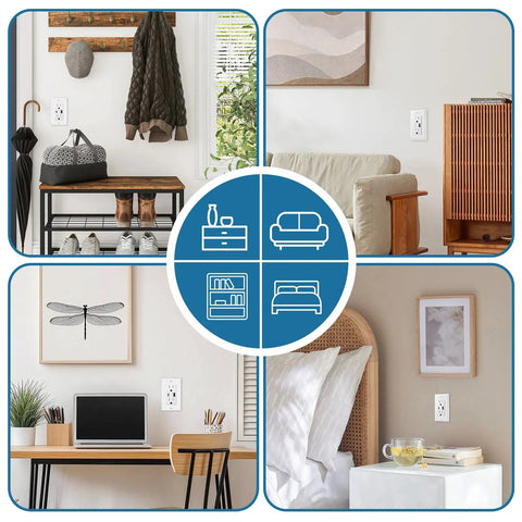 Drop The Bulky Chargers With This Heavy Duty 50 Pack USB Outlet Offering Type A Plus C Ports, 15 Amp Tamper Resistant Build, Complete Wall Plate Included For Zero Hassle Bedroom Or Office Vibe In Clean White displayed in various room settings.