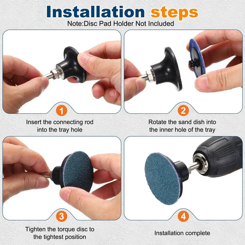 Professional 2 Inch Ceramic Sanding Discs 25 Pack installation steps showing connecting rod and sanding pad attachment for die grinders.