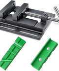 Three Inch Drill Press Vise Set With Magnetic Pads Heavy Duty Metal Workbench Clamp showing black vise and green pads