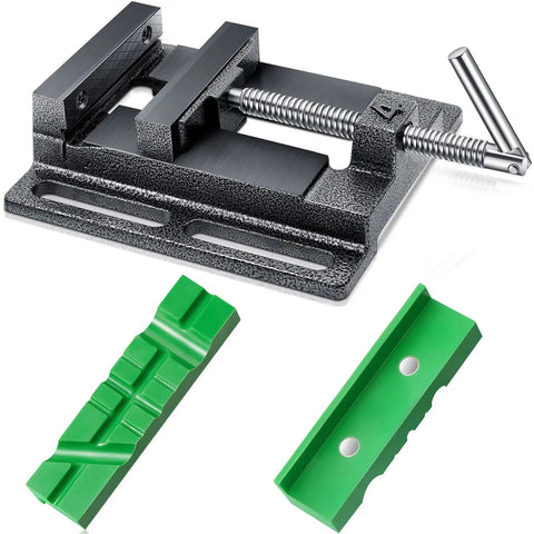 Three Inch Drill Press Vise Set With Magnetic Pads Heavy Duty Metal Workbench Clamp showing black vise and green pads