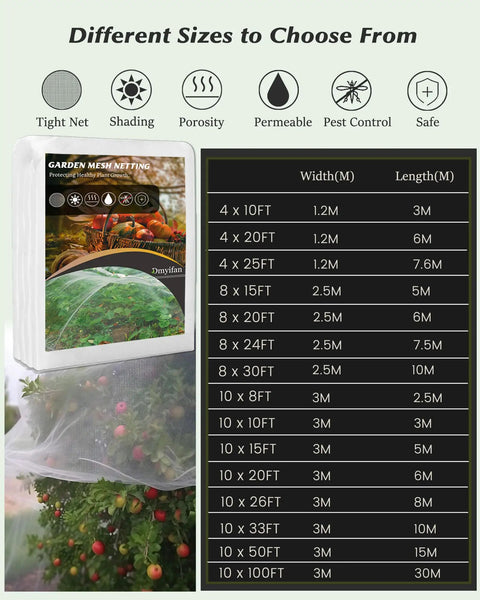 Packaging and chart of 8x10 Ft Ultra Fine Garden Mesh Netting Thick Protective Barrier For Vegetables Fruits And Plants