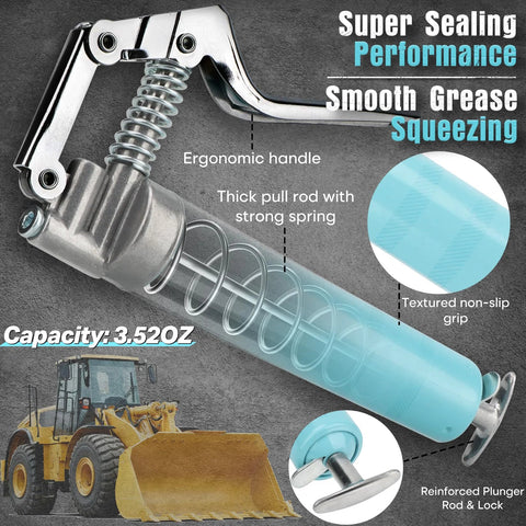 Shall Mini Grease Gun Kit, blue translucent body, 3.52 oz capacity, 3000 PSI, with accessories (front view)