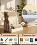 Two Pack 3 Slot Mail Organizer For Desk Space Saving With Front Accessory Tray Vertical Letter Holder And Bill Sorter Premium Plastic Desktop File Organizer For Envelopes Notebooks And Office Supplies White on desk with books and office supplies.