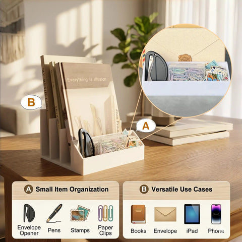Two Pack 3 Slot Mail Organizer For Desk Space Saving With Front Accessory Tray Vertical Letter Holder And Bill Sorter Premium Plastic Desktop File Organizer For Envelopes Notebooks And Office Supplies White on desk with books and office supplies.