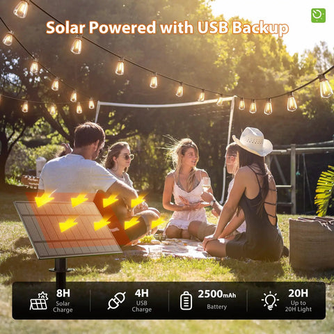 54 Ft Solar String Lights With USB Remote illuminating an outdoor gathering with vintage Edison LED bulbs at dusk.