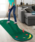 Person using Par 3 Putting Green Mat 10 Foot By 3 Foot With 3 Cups Flag And Hole Covers For Indoor Outdoor Practice In Garage Backyard Or Office Realistic Roll Easy Setup Helps You Dial In Your Putt in living room