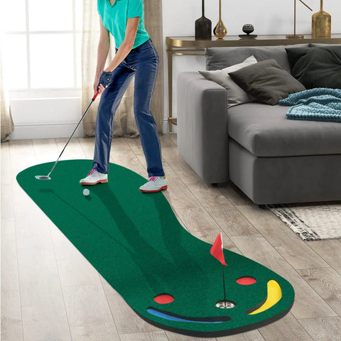 Person using Par 3 Putting Green Mat 10 Foot By 3 Foot With 3 Cups Flag And Hole Covers For Indoor Outdoor Practice In Garage Backyard Or Office Realistic Roll Easy Setup Helps You Dial In Your Putt in living room