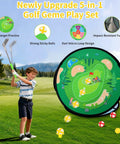 Toddler Golf Set 5 In 1 For Kids Indoor Outdoor Golf Toy with putting mat and clubs in green park setting.