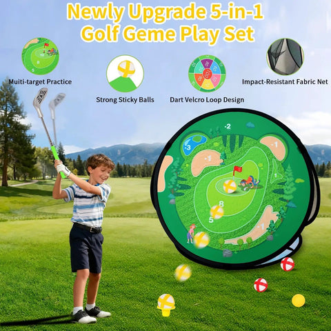Toddler Golf Set 5 In 1 For Kids Indoor Outdoor Golf Toy with putting mat and clubs in green park setting.