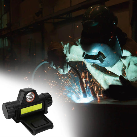 Rechargeable Welding Helmet Light Attachment With Mount For Hard Hats Dual Beam Headlamp With Automatic Dimming Waterproof And Compact 8cm Clip On Design For Boss Level Worksite Lighting shown with welder using it.