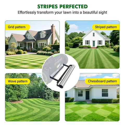 Image showing four lawn patterns with 21 Inch Mower Stripe Kit Stainless Steel Roller With Bearings For EGO 21 Inch Walk Behind Mowers Easy Install Instantly Elevates Your Lawn To Professional Looking Stripes.