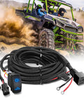 ATV UTV Fan Override Switch Kit With 16AWG Wiring Harness and 5 Pin Rocker Relay, displayed with off-road vehicle