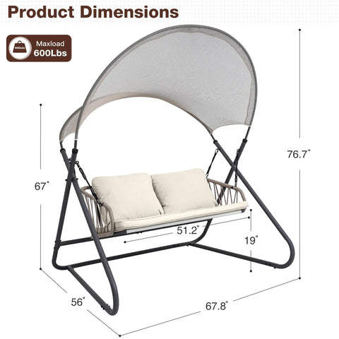 Two-Seat Outdoor Porch Swing With Canopy, Hanging Glider Bench With Thick Cushions, Rustproof Metal Frame, Beige Patio Hammock