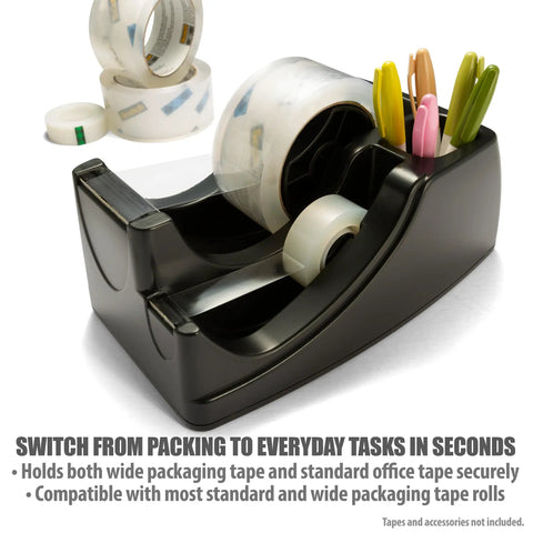 Heavy Duty Dual Function Tape Dispenser Built Tough For All Your Packing Needs Featuring Weighted Five Point Five Pound Base For Rock Solid Stability And Effortless Pulling Of Wide Packing Tape Rolls Plus Handy Compartment For Desk Gadgets In Sleek Black