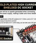 Diagram showing the gold-plated high current shielded DC socket on the Beefy 2.1 Channel Bluetooth Amplifier Board With Subwoofer.