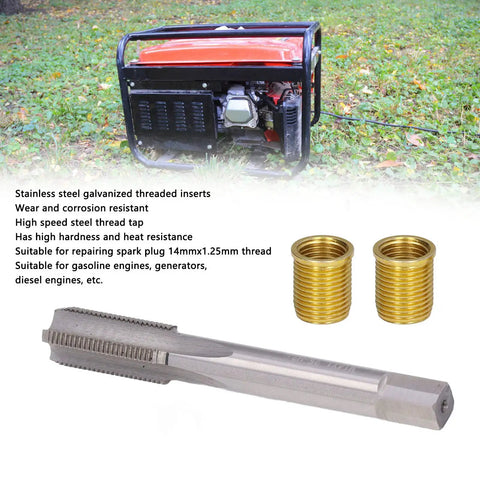 Pro Grade Spark Plug Thread Repair Kit with M12x1.25 and M14x1.25 high-speed steel tap and stainless inserts displayed next to a generator.