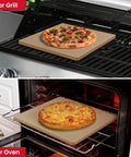 13x13 Inch Cordierite Pizza Stone For Ooni 12 Ovens, Crisp Crust Pizzas Bread And Cookies, Even Heating, Heavy Duty Square Bake Stone, Easy To Clean, Oven Or Grill Ready shown in use on grill and oven with pizzas baking.