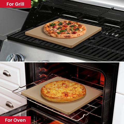 13x13 Inch Cordierite Pizza Stone For Ooni 12 Ovens, Crisp Crust Pizzas Bread And Cookies, Even Heating, Heavy Duty Square Bake Stone, Easy To Clean, Oven Or Grill Ready shown in use on grill and oven with pizzas baking.