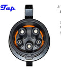 Slick Tesla To J1772 Adapter Sixty Amp Plug And Play Setup shows J-1772 lock assembly with silicone weather seal visible.