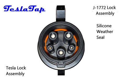 Slick Tesla To J1772 Adapter Sixty Amp Plug And Play Setup shows J-1772 lock assembly with silicone weather seal visible.