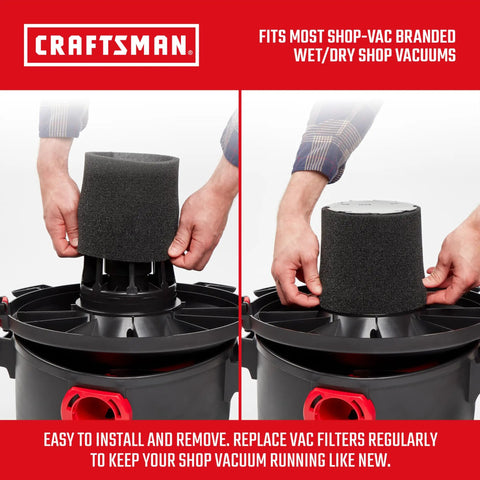 Installation of Foam Sleeve Wet Dry Vac Replacement Filter For Shop Vacs Washable And Reusable Wet Application Filter shown.