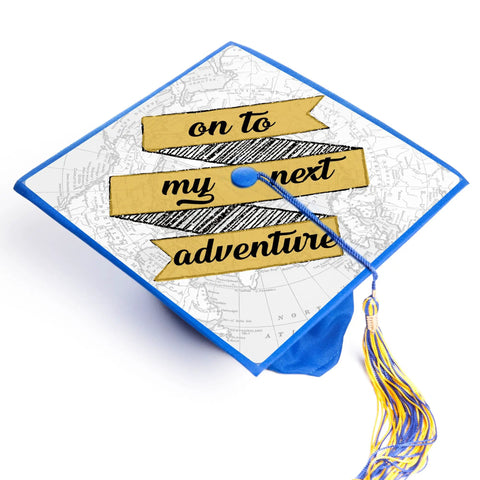 Graduation cap with map design and "on to my next adventure" text, blue and yellow tassel.