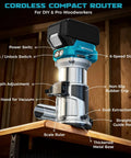 Cordless Router For 18V Battery 800W Brushless Wood Router With 6 Speed Control Depth Adjustment Edge And Roller Guide compact design on shelf