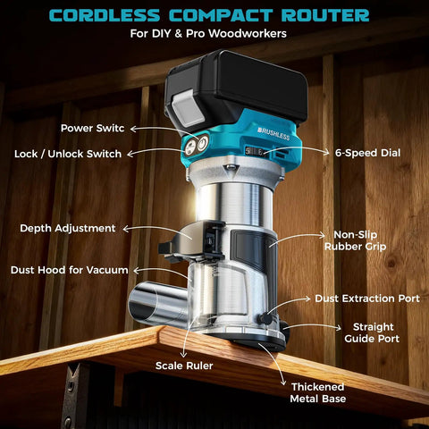 Cordless Router For 18V Battery 800W Brushless Wood Router With 6 Speed Control Depth Adjustment Edge And Roller Guide compact design on shelf