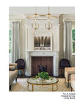 Lit 6 Light Gold Crystal Chandelier With K9 Crystals And Warm Gold Frame above fireplace in elegant living room