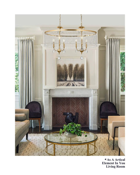 Lit 6 Light Gold Crystal Chandelier With K9 Crystals And Warm Gold Frame above fireplace in elegant living room