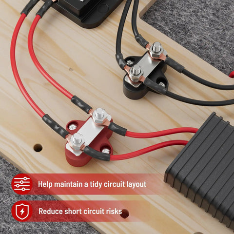Heavy Duty 12 Volt 100 Amp Power Distribution Block With Dual Quarter Inch M6 Stud Busbar crafted rugged, wiring connections on display.