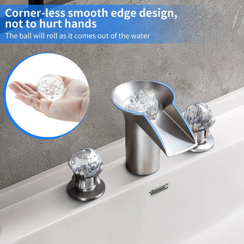 Waterfall Bathroom Sink Faucet with LED Crystal Ball, Deck Mount 3 Hole, Double Handle Brushed Nickel, Free Floating Orb Design