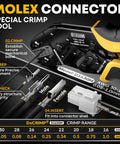 Molex connector special crimp tool with preparation, crimp, check, and insert functions labeled, featuring model D1630M.