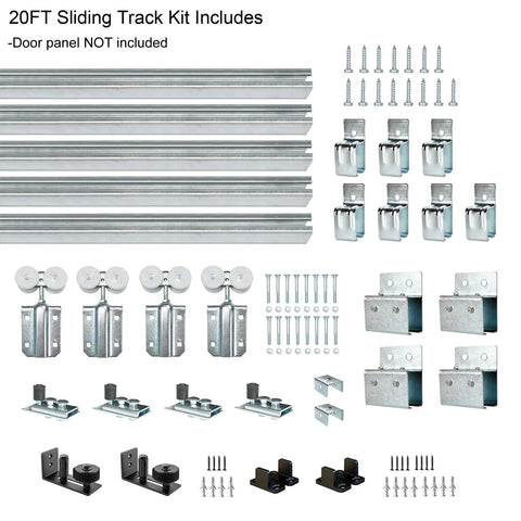Heavy Duty Galvanized Double Barn Door Hardware Kit With Rock Solid Tracks And Slick Rolling Action Engineered For Outdoor Installations On Doors Up To 60 Inches Wide, includes 20FT sliding track parts.