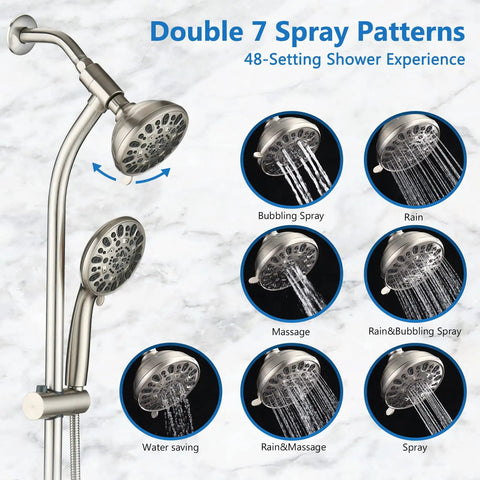 Dual Shower Head Combo Delivers Top Tier High Pressure Flow And Forty Eight Custom Settings With Sleek Brushed Nickel Finish Includes Smooth Adjustable Rail No Drill Setup Three Way Diverter For Relaxing Bathroom Spa Days