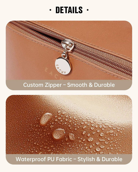 Custom zipper and waterproof detail of Travel Makeup Bag For Women With Large Capacity, Waterproof Cosmetic Pouch, Brown, Medium.