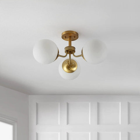 Brass Gold 3-Light Dope Mid Century Modern Semi Flush Mount Light With Frosted White Glass Globe Shade, LED Ceiling Fixture