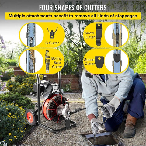 Heavy Duty Electric Drain Auger With One Hundred Foot Steel Core Snake For Two To Four Inch Pipes Five Hundred Watt Motor And High Speed Drain Cleaner Machine That Kicks Out Wicked Sink Clogs Real Quick showing four cutter attachments.
