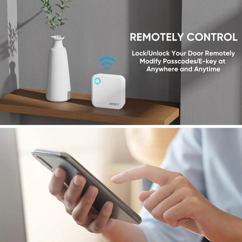 Smooth Sailing Dual Band WiFi Gateway For Smart Door Locks Featuring Instant App Sync And Alexa Hook Up Effortlessly Control Multiple Locks From Anywhere Reliable Smart Home Essential Gear with a remote control phone and WiFi hub on a shelf.