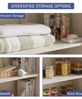 Shelves of Farmhouse Pantry Cabinet 72 Inch Tall Wood Storage With Adjustable Shelves Barn Style Doors And Drawer All In One Kitchen And Dining Room Organizer In Antique White showcasing towels, books, and jars.