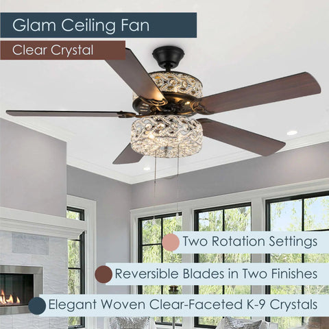 Double Lit 5 Blade Beaded Braid Led Ceiling Fan With Crystal Bead Shade And Dimmer. Elegant design in a bright living room.