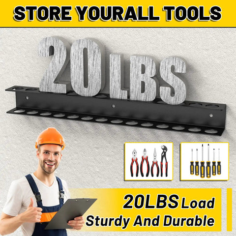 Wall Mounted Screwdriver Organizer Rack, Heavy Duty Steel Tool Holder With 28 Tool Capacity, shown supporting 20 lbs, 2 Pack